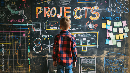 Young Boy Contemplating School Projects on a Colorful Chalkboard