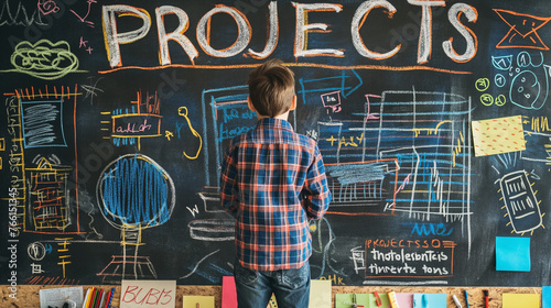 Creative Schoolboy Brainstorming Ideas on Chalkboard