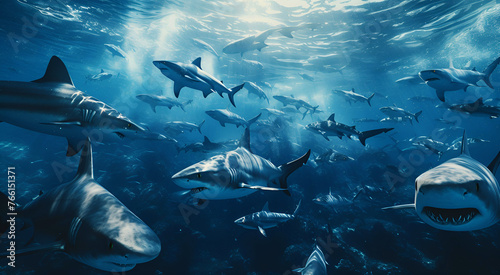 A group of extremely dangerous sharks are swimming in the deep waters.