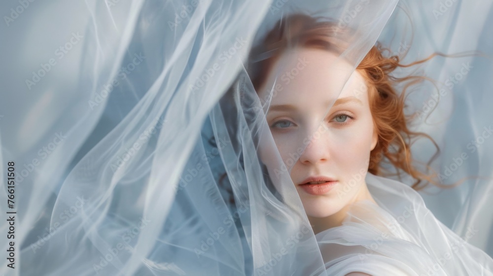 Beautiful young woman wrapped in transparent fabric. Fluttering veil on a blue background Beautiful young woman wrapped in transparent fabric. Fluttering veil on a blue background