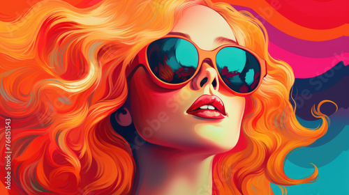 Closeup illustration of happy fair haired woman wearing sunglasses with her short curly hair and smiling, enjoying the summer season outside.