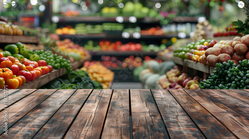 Wooden board empty table in front of blurred background. Perspective dark wood table over blur in supermarket fruits and vegetables shelf