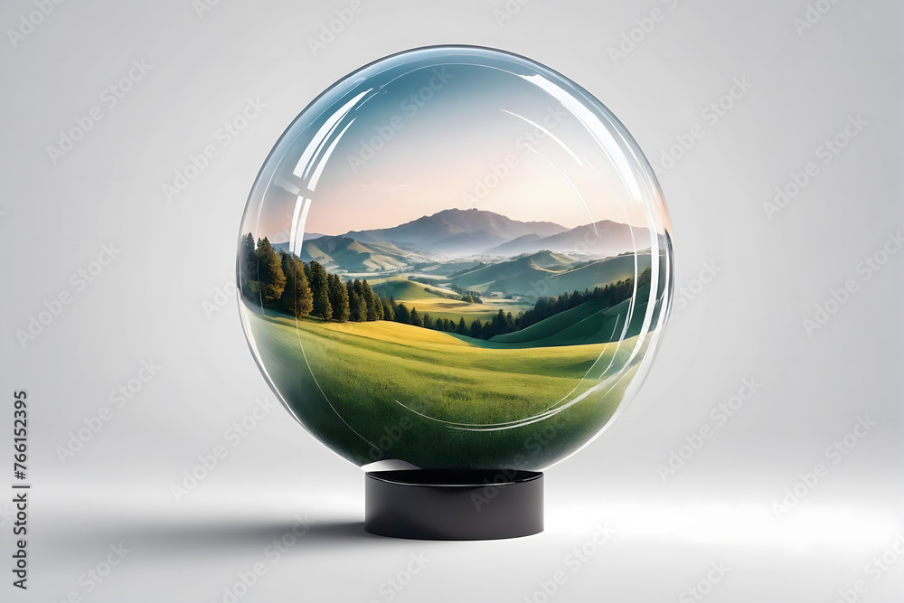 The hills inside a thin, transparent sphere on white background - obrazy, fototapety, plakaty 