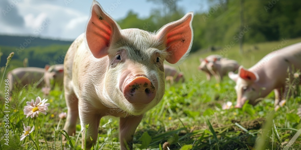 Ecological pigs and piglets at the domestic farm. Generative AI. Ecological pigs and piglets at the domestic farm. Generative AI.