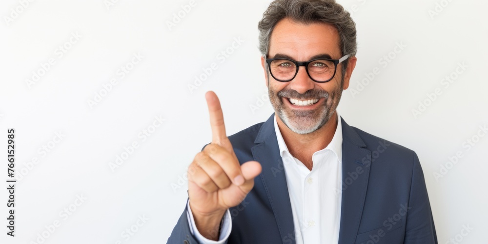 Close up of businessman hand pointing for direction, against white background. Generative AI. Close up of businessman hand pointing for direction, against white background. Generative AI.
