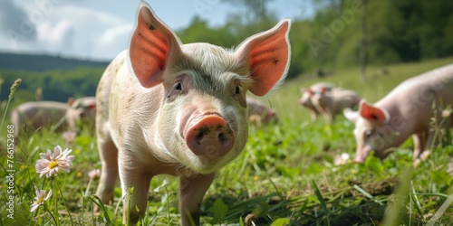 Ecological pigs and piglets at the domestic farm. Generative AI.