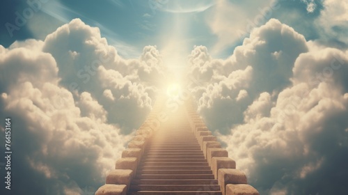 Celestial stairway leading up to heavenly sky toward the light. Staircase in clouds with glowing doorway to heaven.