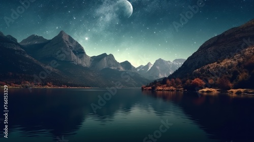 Watercolor style mountain around a lake full moon stars.