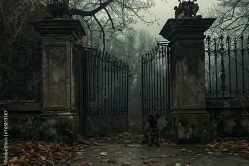 A dog stands alertly in front of a closed gate, guarding the entrance with curiosity, A ghastly dog waiting faithfully at the gates of an abandoned manor, AI Generated photo