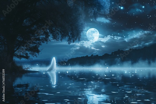 A landscape photograph capturing a serene night scene featuring a full moon illuminating a body of water, A ghostly figure floating above a moonlit lake, AI Generated
