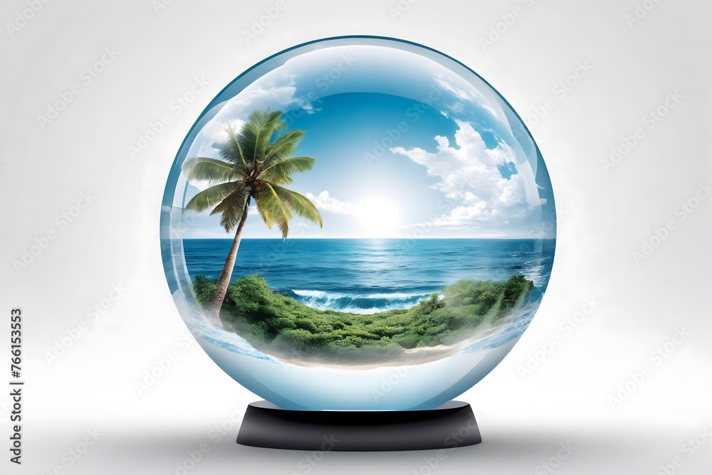 The ocean inside a thin, transparent sphere on white background The ocean inside a thin, transparent sphere on white background