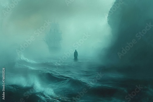 A man stands confidently amidst the vastness of a large body of water, exuding strength and determination, A ghostly seafarer surrounded by an ethereal, foggy seascape, AI Generated