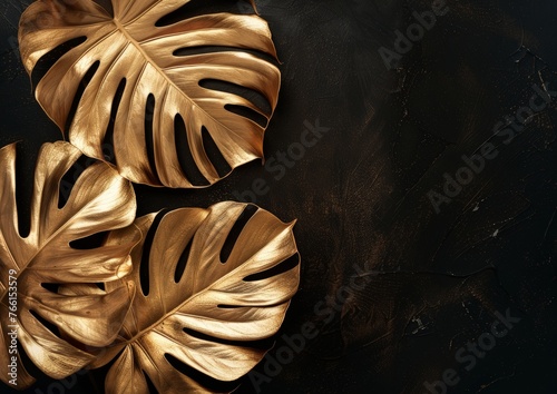 Three golden leaves stand out against a dark black backdrop, creating a striking contrast in colors and textures © pham