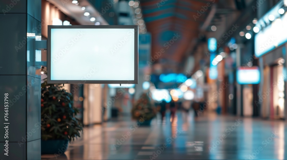 View of empty billboard In big modern shopping mall with blurred background View of empty billboard In big modern shopping mall with blurred background