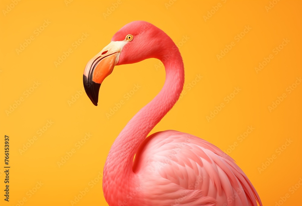 a pink flamingo with a yellow background