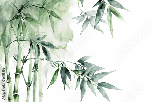 Elegant watercolor illustration of bamboo stalks and leaves with a soft green background, with copy space for text, suitable for spa, wellness, or Asian-inspired design themes