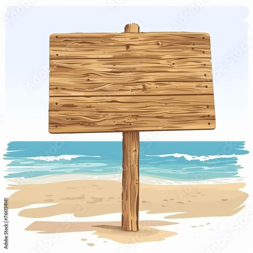 Tropical beach scene with blank wooden signpost against a backdrop of palm trees and ocean, ideal for holiday resort advertisement with space for text