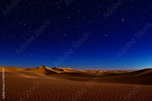A photo capturing the night sky filled with stars shining above a vast desert landscape, A golden desert under a starry night sky, AI Generated