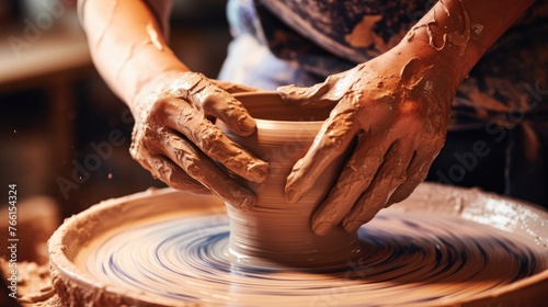 The hands of a ceramic craftsman working on a potter's wheel, making dishes from clay.