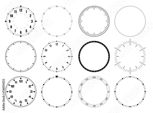 Mechanical Clock Style Smartwatch Faces Bezel Designs. Digital Watch HUD Dial with Minute, Hour, Second Marks. Timer or Stopwatch. Blank Measuring Circle Scale Vector Illustration.