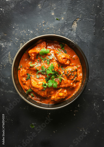 Indian butter chicken. Top view. On dark surface. Meal. Spicey. 