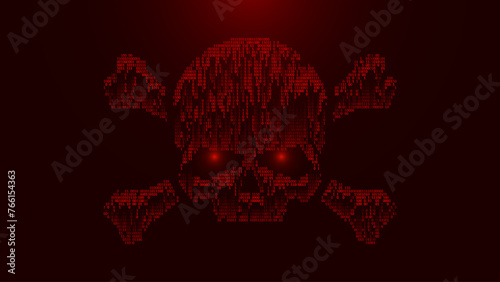 Skull and Crossed Bones ASCII Art. Falling Binary Numbers Danger Piracy Skull Sign. Matrix Style Wallpaper. Hacking, Ddos-attack, Malware, Ransomware, Spam, Computer Virus Concept. Vector Illustration