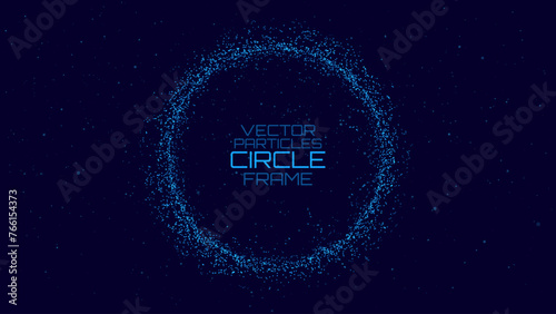 Blue Particles Circle Frame. Particles Shockwave Effect on Dark Background. Digital Explosion. Radial Sound Circle Wave Music Visualization. Colorful Equalizer Background. Vector Illustration.