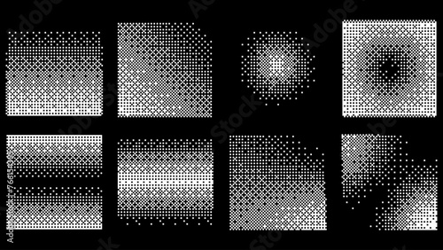 Pixel Bitmap Dither Gradient Squares. Pixel Disintegration Effect. Retro 8 Bit Graphic Art Style Different Textures Design Elements Collection. Vector Illustration.