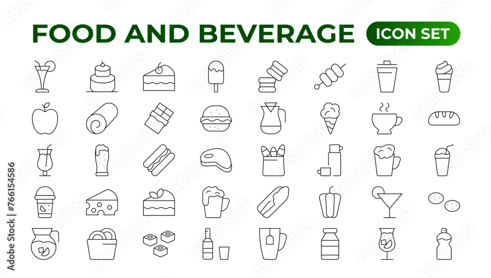 Set of outline icons related to food and drink. Linear icon collection. Fast food and drinks line icons collection. Bar, restaurant, food icons. UI icon set. Thin outline icons pack.