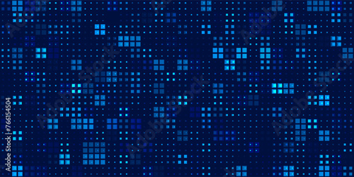 Halftone Pixel Dithering Square Tiles Seamless Pattern. Abstract Tech Pixel Background. Vector Illustration. Pixel Halftone Effect Random Tiles Generative Art.