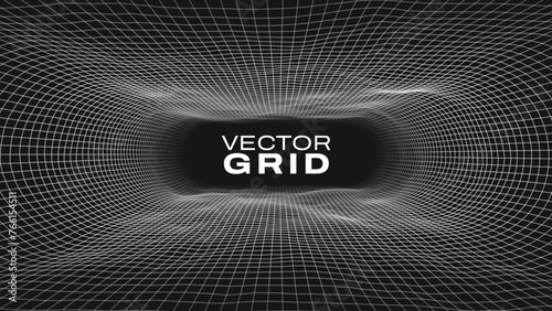 Synthwave Grid Tunnel. Grid Frame Retrowave Party Flyer Background. Round Tunnel Mesh Backdrop. Abstract Digital Background. Vintage Computer Virtual Reality VR Tunnel Technology Vector Illustration.