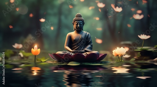 a statue of a buddha sitting on a lotus flower in the water