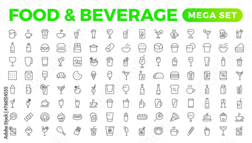 Set of outline icons related to food and drink. Linear icon collection. Fast food and drinks line icons collection. Bar, restaurant, food icons. UI icon set. Thin outline icons pack.