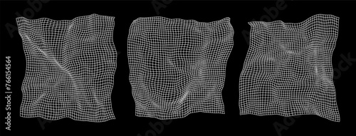 Distorted Grids. Technology, Science, Game Background Elements. Black and White Wireframe Grids. Banner, Wallpaper, Print. Vector Illustration.