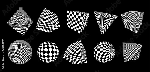Graphic Design 3D Forms with Checkered Texture. Abstract Surreal 3D Shapes. Trendy Y2K Geometric Shapes. Brutalist Design Elements. Vector Illustration.
