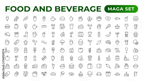Set of outline icons related to food and drink. Linear icon collection. Fast food and drinks line icons collection. Bar  restaurant  food icons. UI icon set. Thin outline icons pack.