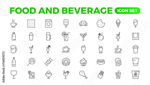 Set of outline icons related to food and drink. Linear icon collection. Fast food and drinks line icons collection. Bar, restaurant, food icons. UI icon set. Thin outline icons pack. © artnazu