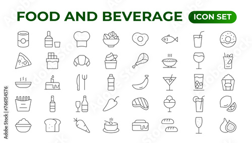 Set of outline icons related to food and drink. Linear icon collection. Fast food and drinks line icons collection. Bar, restaurant, food icons. UI icon set. Thin outline icons pack.