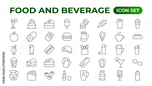 Set of outline icons related to food and drink. Linear icon collection. Fast food and drinks line icons collection. Bar, restaurant, food icons. UI icon set. Thin outline icons pack.