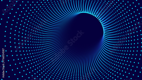 Blue Digital Tunnel or Wormhole. Wireframe Abstract Mesh with Hole. 3D Tunnel Grid Mesh. Blue Hi Tech Texture. Technology or Science Vector Illustation.