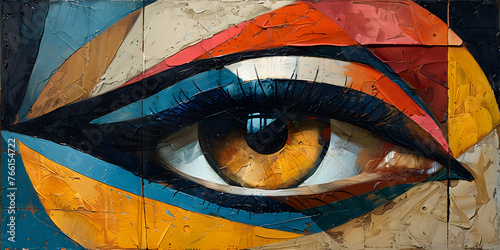 A vibrant painting of a womans eye with detailed eyelashes, eyebrow, and iris on a wall. The artwork showcases beautiful tints and shades, capturing the essence of the human body photo