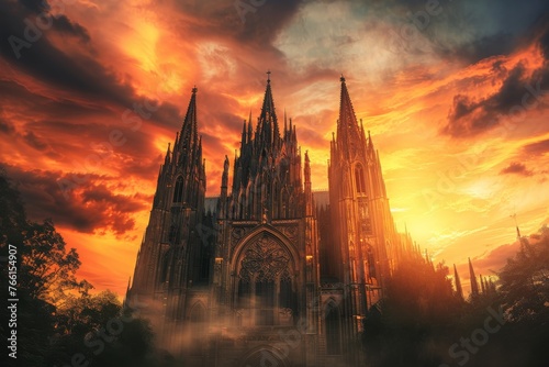 A towering cathedral commands the cityscape, casting its shadow over the urban landscape beneath a cloudy sky, A gothic cathedral at sunset, AI Generated