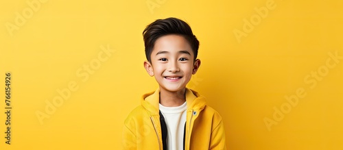A cheerful close up of a boy wearing a vibrant yellow jacket, showcasing a bright smile