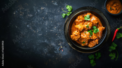 Indian butter chicken. Top view. On dark surface. Meal. Spicey. 