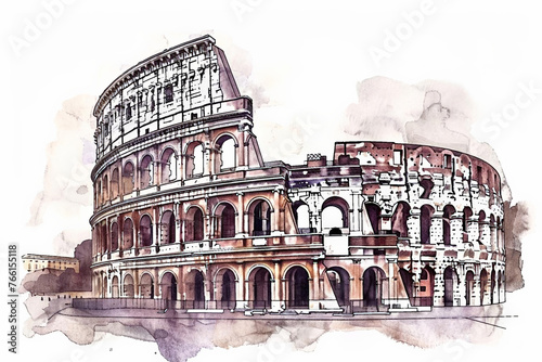 Watercolor illustration of the Colosseum in Rome with ample negative space, ideal for backgrounds or text overlay, representing ancient Roman history and architecture