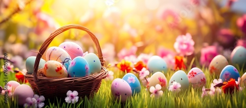 a basket with painted eggs in grass