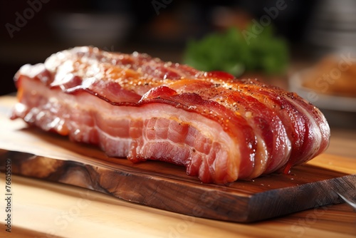 a large piece of bacon on a wooden board photo