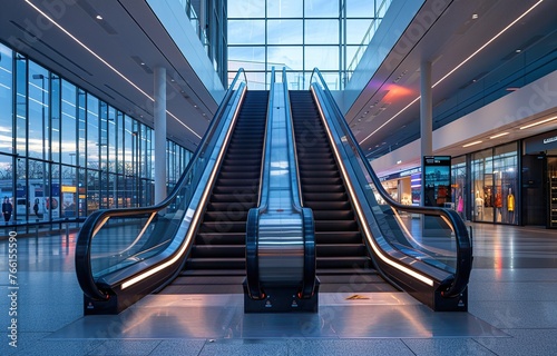 The modern escalators in shopping malls, a means to make it easier for visitors to go up and down, Mechanical escalators for people up and down in a shopping mall