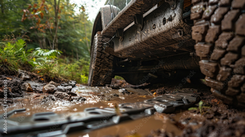 Fototapeta premium A rugged steel skid plate, covering the underside of the truck's engine oil pan, protecting it from impacts on rough terrain