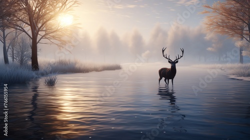 a deer standing in water